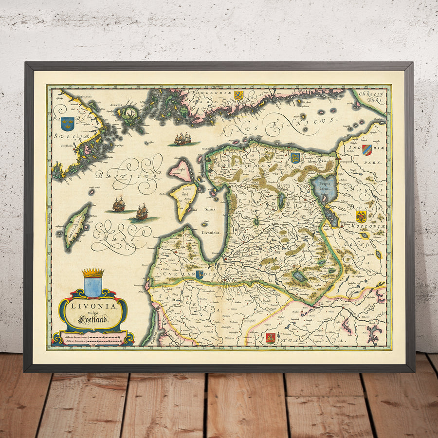 Mappa antica del Baltico di Blaeu, 1644: Stoccolma, Helsinki, Riga, Tallinn, Vilnius 