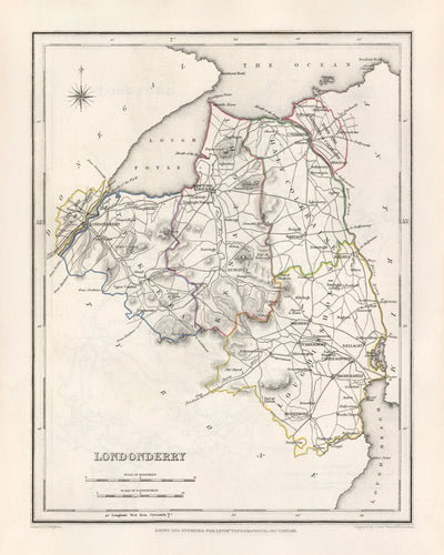 Ancienne carte du comté de Londonderry par Samuel Lewis, 1844 : Coleraine, Limavady, Magherafelt, Portstewart et les montagnes Sperrin