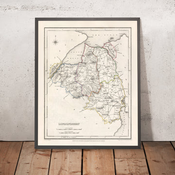 Vecchia mappa della contea di Londonderry di Samuel Lewis, 1844: Coleraine, Limavady, Magherafelt, Portstewart e le montagne di Sperrin 