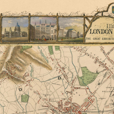 Alte illustrierte Karte von London von Tallis, 1851: Themse, Hyde Park, Regent's Park, Westminster, Oxford St