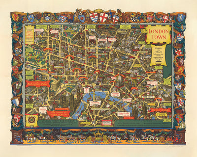 Ancienne carte illustrée de la ville de Londres par British Railways et Kerry Lee, 1953 : Tour de Londres, Parlement, Palais de Buckingham, Cathédrale Saint-Paul