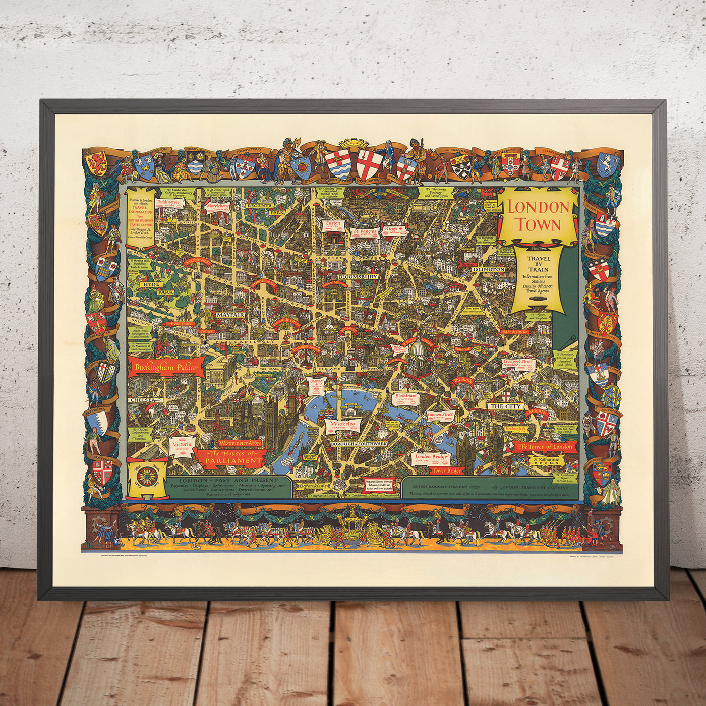 Antiguo mapa pictórico de la ciudad de Londres por British Railways y Kerry Lee, 1953: Torre de Londres, Parlamento, Palacio de Buckingham, Catedral de San Pablo
