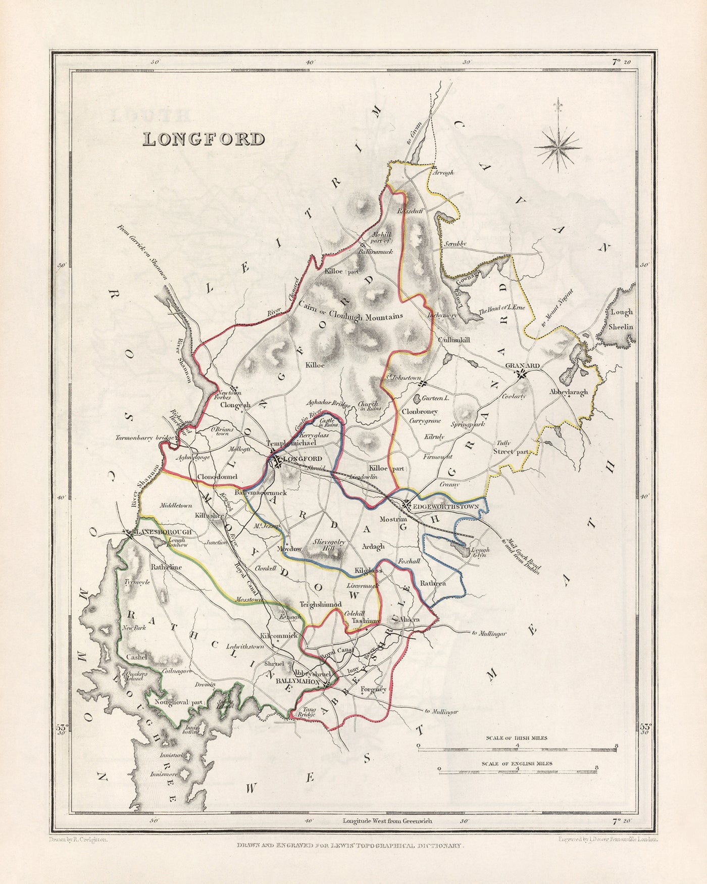 Mapa antiguo del condado de Longford por Samuel Lewis, 1844: Ballymahon, Edgeworthstown, Granard, Abbeyshrule, río Shannon