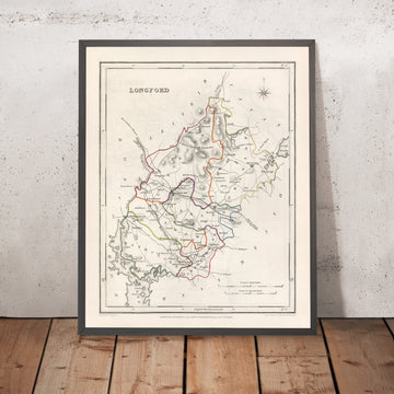 Mappa antica della Contea di Longford di Samuel Lewis, 1844: Ballymahon, Edgeworthstown, Granard, Abbeyshrule, Fiume Shannon 