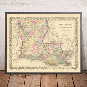 Alte Karte von Louisiana von J.H. Colton, 1855: New Orleans, Baton Rouge, Shreveport, Lafayette, Lake Charles 