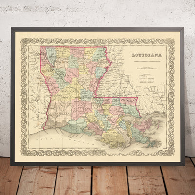 Mapa antiguo de Luisiana por JH Colton, 1855: Nueva Orleans, Baton Rouge, Shreveport, Lafayette, Lake Charles