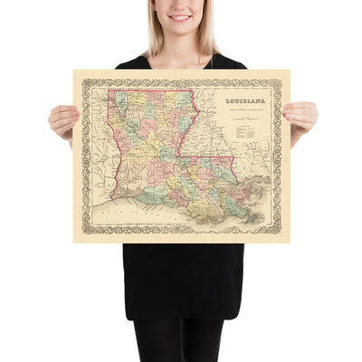 Alte Karte von Louisiana von JH Colton, 1855: New Orleans, Baton Rouge, Shreveport, Lafayette, Lake Charles