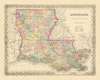 Ancienne carte de la Louisiane par JH Colton, 1855 : La Nouvelle-Orléans, Baton Rouge, Shreveport, Lafayette, Lake Charles
