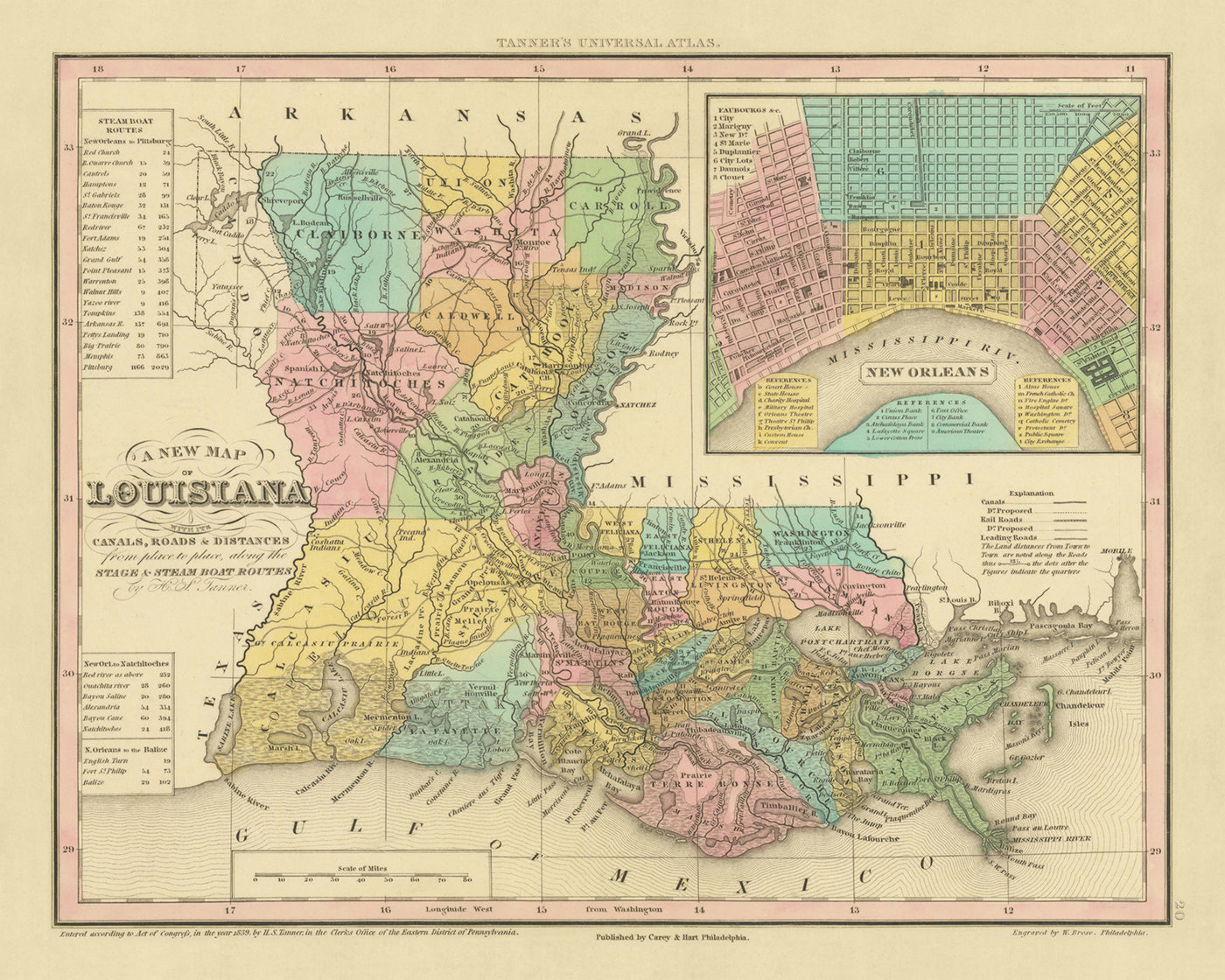 Old Map of Louisiana by Tanner, 1843: New Orleans, Baton Rouge, Lake Pontchartrain, the Mississippi River Delta, and the Gulf of Mexico