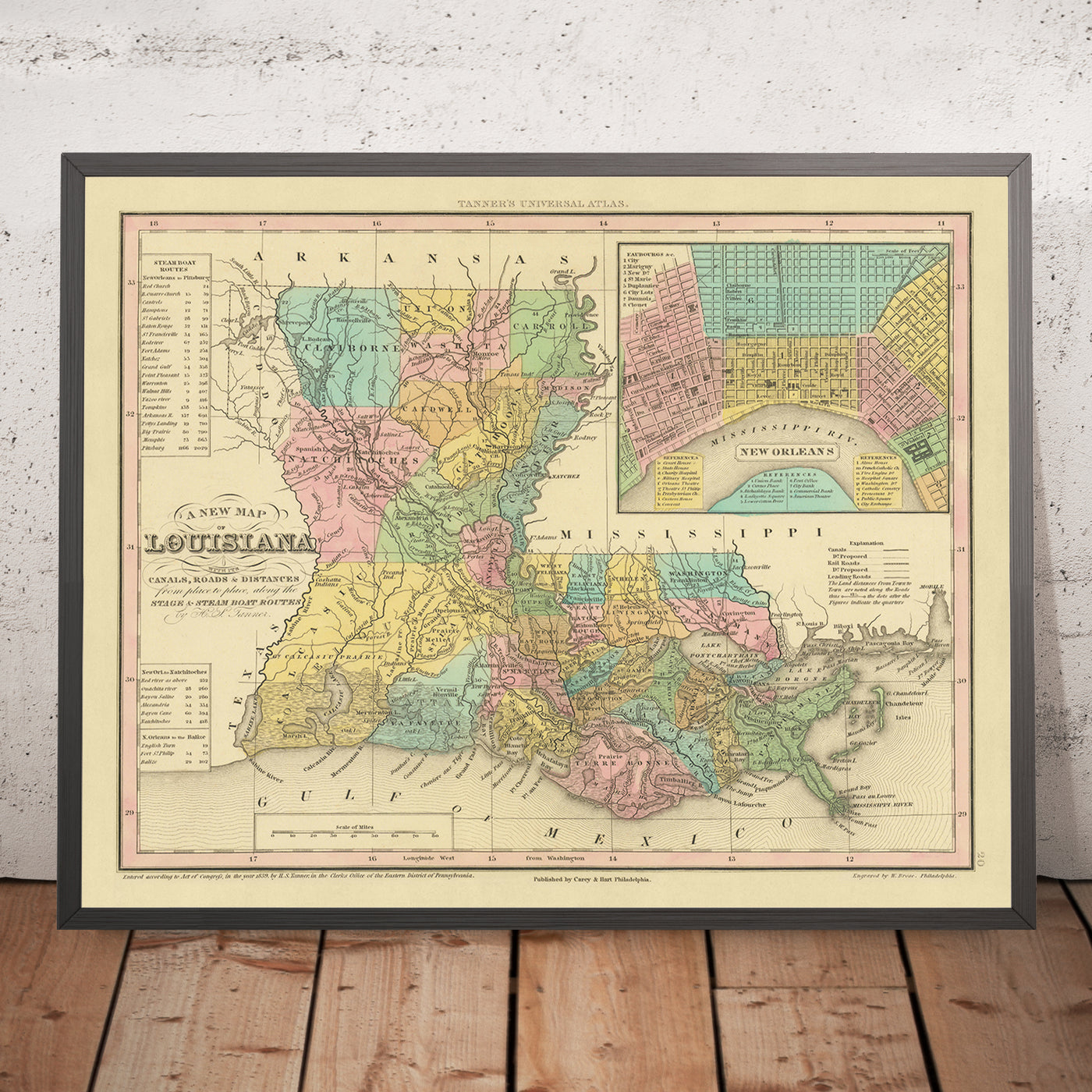 Ancienne carte de la Louisiane par Tanner, 1843 : La Nouvelle-Orléans, Baton Rouge, le lac Pontchartrain, le delta du fleuve Mississippi et le golfe du Mexique