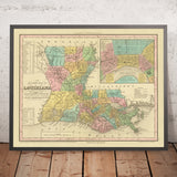 Old Map of Louisiana by Tanner, 1843: New Orleans, Baton Rouge, Lake Pontchartrain, the Mississippi River Delta, and the Gulf of Mexico