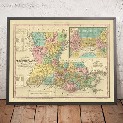 Alte Karte von Louisiana von Tanner, 1843: New Orleans, Baton Rouge, Lake Pontchartrain, das Mississippi-Delta und der Golf von Mexiko