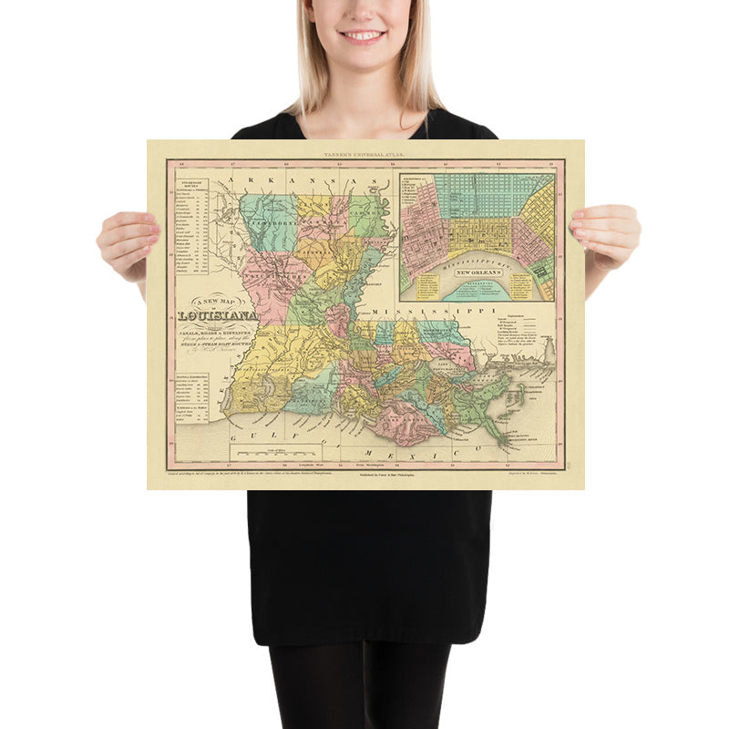 Ancienne carte de la Louisiane par Tanner, 1843 : La Nouvelle-Orléans, Baton Rouge, le lac Pontchartrain, le delta du fleuve Mississippi et le golfe du Mexique