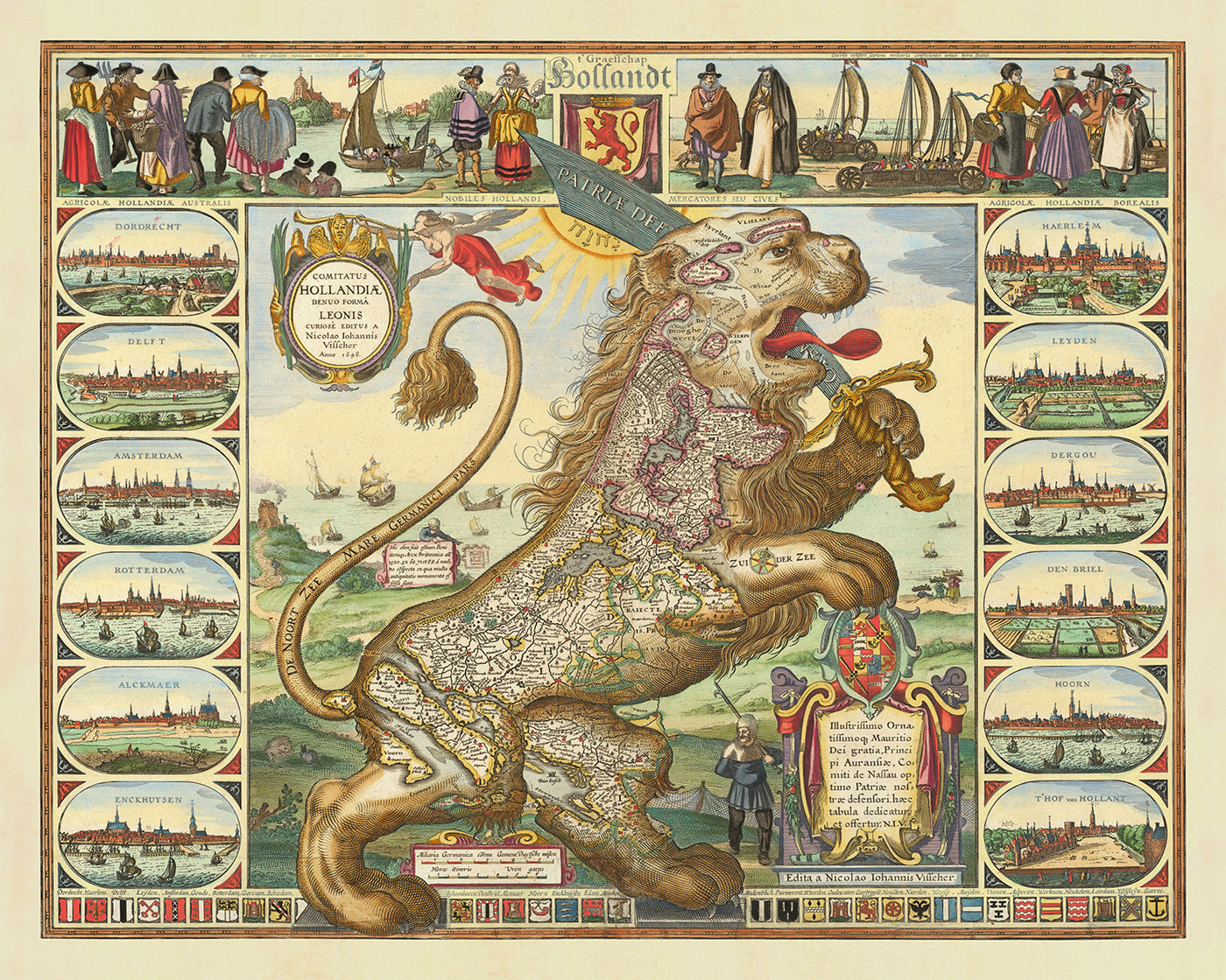 Mapa antiguo de Leo Belgicus (León de los Países Bajos) de Visscher, 1648: Amsterdam, Rotterdam, Amberes, Bruselas, Gante