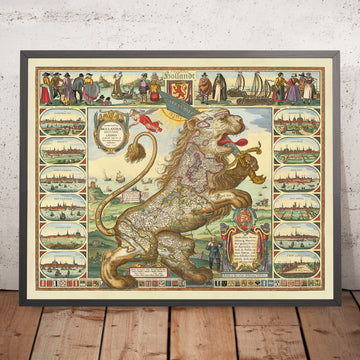 Ancienne carte de Leo Belgicus (Lion des Pays-Bas) par Visscher, 1648 : Amsterdam, Rotterdam, Anvers, Bruxelles, Gand