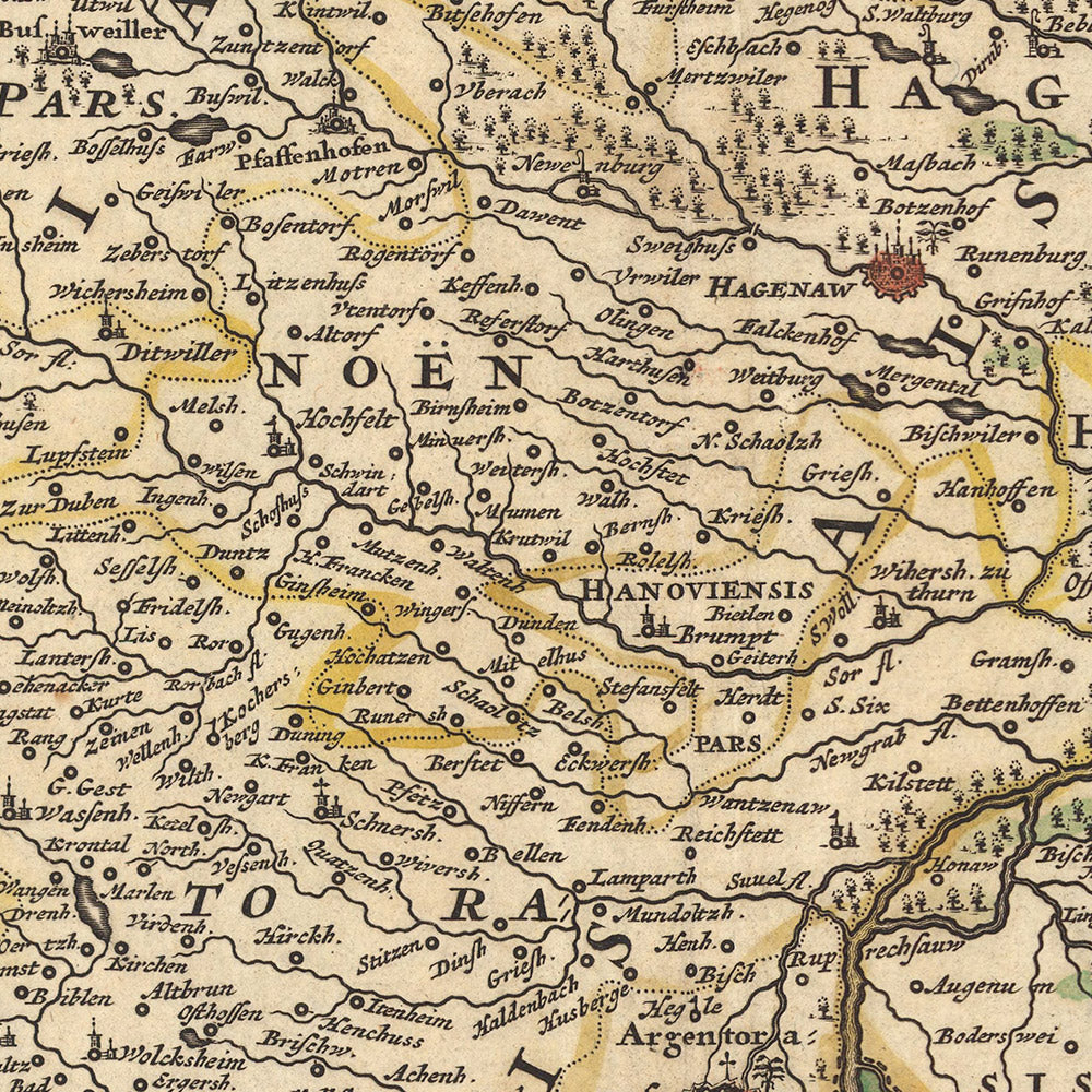 Mapa antiguo de la Baja Alsacia por Visscher, 1690: Estrasburgo, Karlsruhe, Pforzheim, Speyer, Reserva de los Vosgos del Norte