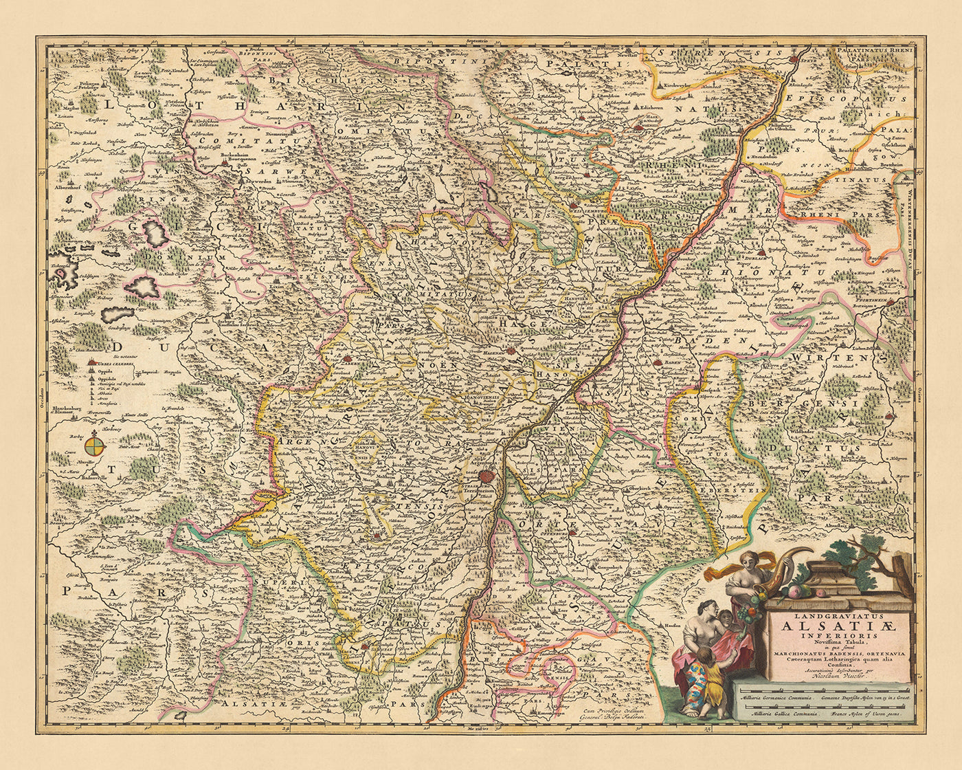 Mapa antiguo de la Baja Alsacia por Visscher, 1690: Estrasburgo, Karlsruhe, Pforzheim, Speyer, Reserva de los Vosgos del Norte