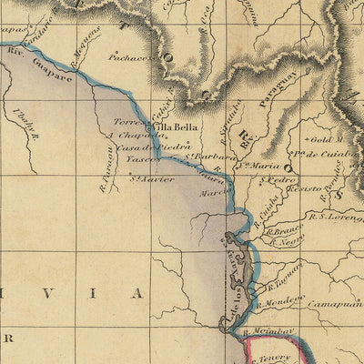 Ancienne carte de l'Amérique du Sud par Lizars, 1838 : fleuve Amazone, Rio de Janeiro, Lima, montagnes, frontières