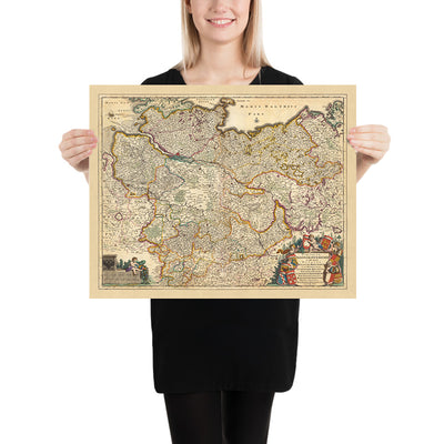 Old Map of Lower Saxony by Visscher, 1690: Hamburg, Berlin, Bremen, Hanover, Mecklenburg Elbe Valley