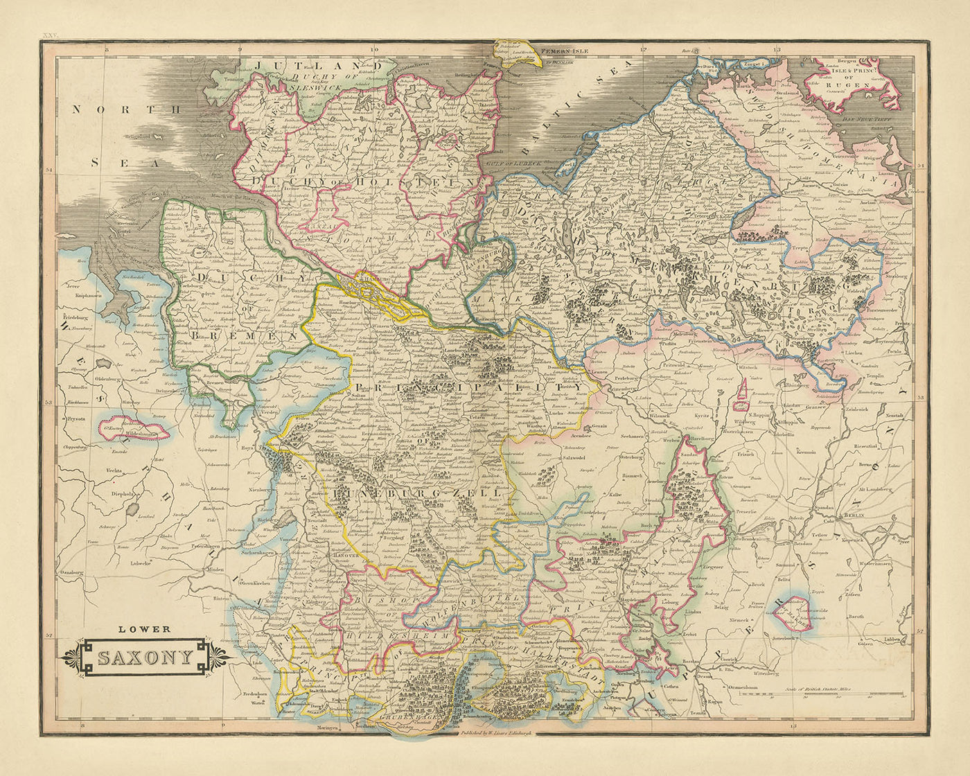 Ancienne carte de la Basse-Saxe par Lizars, 1828 : Berlin, Hanovre, l'Elbe, les montagnes du Harz, la mer du Nord