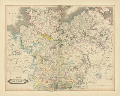 Old Map of Lower Saxony by Lizars, 1828: Berlin, Hanover, Elbe River, Harz Mountains, North Sea