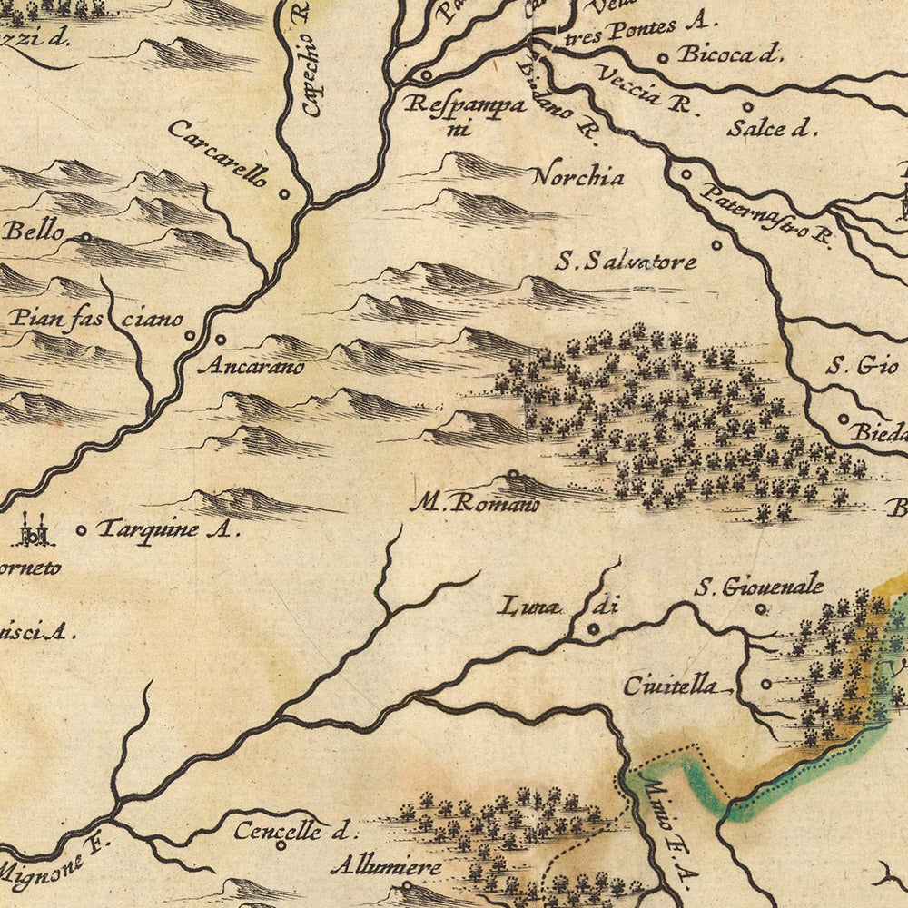 Old Map of Lower Tuscany, Italy by Visscher, 1690: Viterbo, Rome, Orvieto, Civitavecchia, Parco Bracciano Martignano