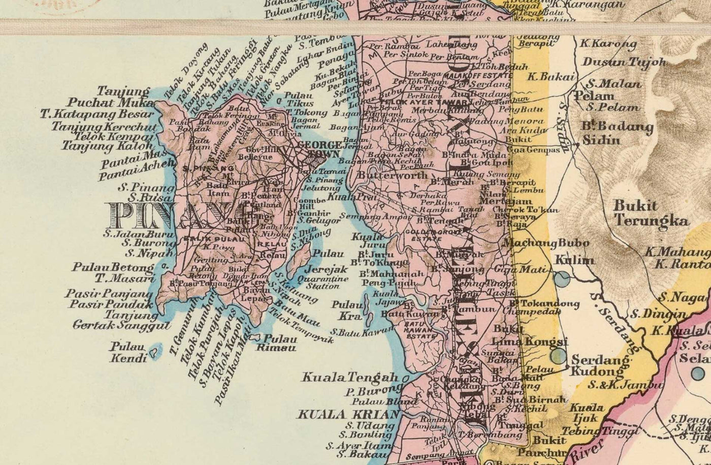 Old Map of the Malay Peninsula in 1898 by Cuylenburg & Stanford - Malaysia, Thailand, Singapore, Johor, Malacca