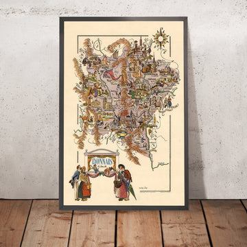 Alter bildlicher Stadtplan von Lyonnais von Liozu, 1951: Lyon, Saint-Étienne, Weinberge, Schlösser, Flüsse 