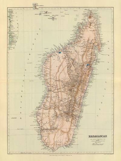 Alte Karte von Madagaskar von Edward Stanford 1901: Antananarivo, Diego Suarez, Tamatave, Majunga, Fort Dauphin