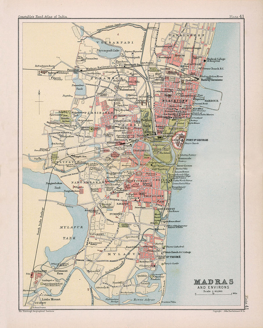 Vecchia mappa di Madras (Chennai), 1893: Centro città, Forte St. George, Spiaggia Marina, Tempio di Mylapore 