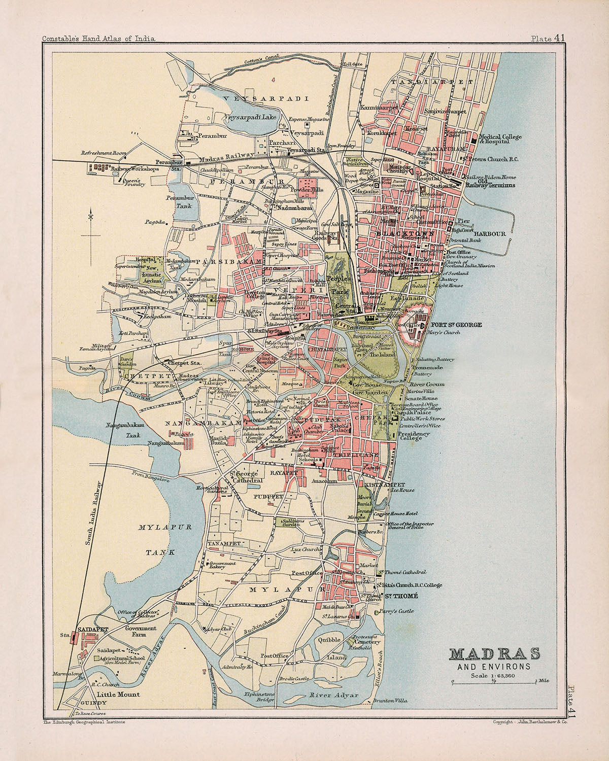 Ancienne carte de Madras, 1893 : centre-ville de Madras, fort Saint-Georges, plage de Marina, parc national de Guindy, temple de Mylapore