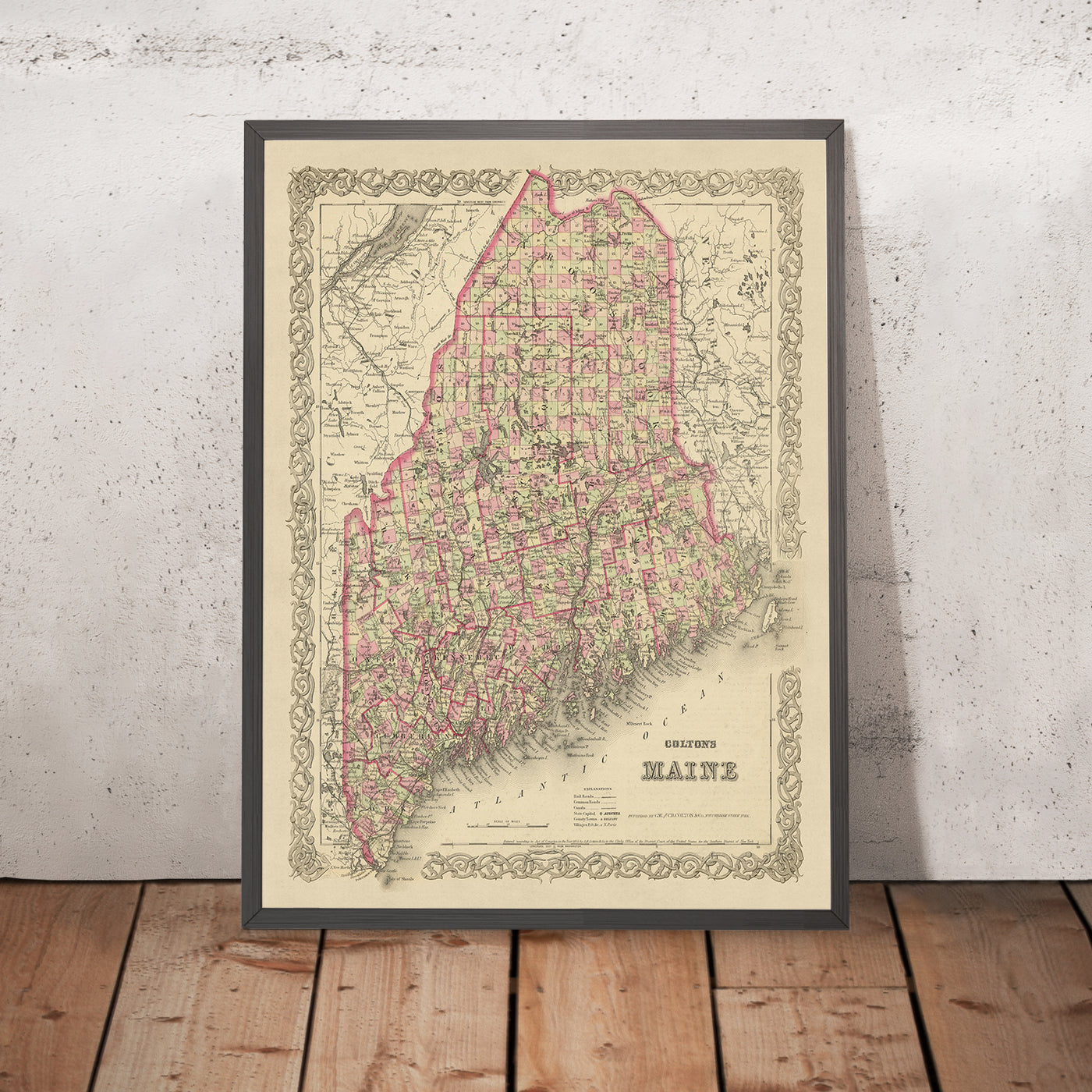 Mapa antiguo de Maine por JH Colton, 1855: Portland, Bangor, Augusta, Lewiston y Bath