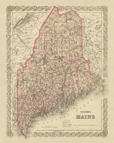 Ancienne carte du Maine par JH Colton, 1855 : Portland, Bangor, Augusta, Lewiston et Bath