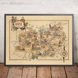Old Pictorial Map of Maine, France by Liozu, 1951: Le Mans, Laval, Château-Gontier, La Flèche, Mayenne