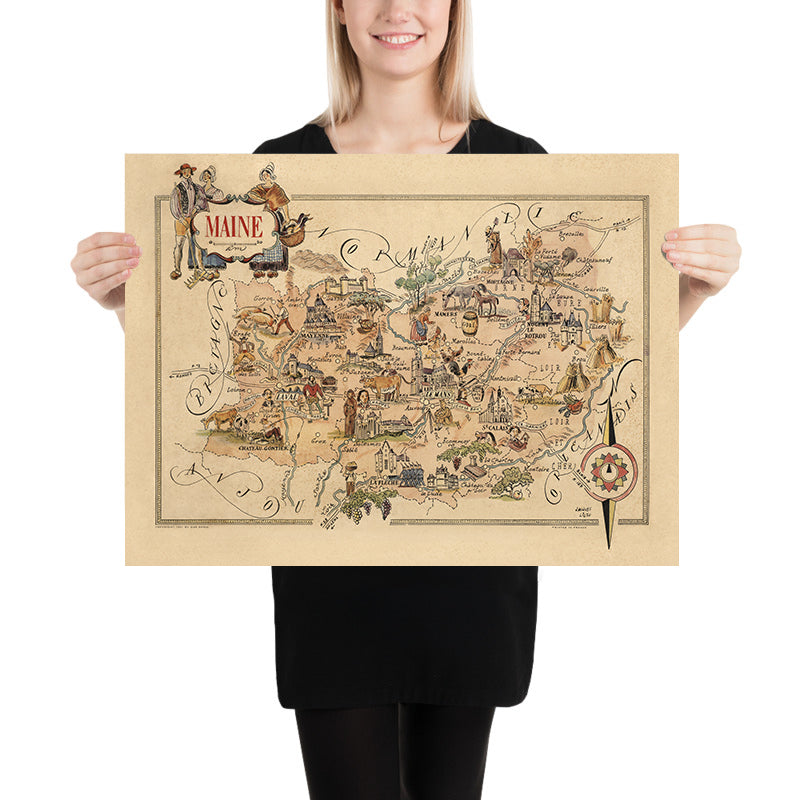 Antica mappa pittorica del Maine, Francia di Liozu, 1951: Le Mans, Laval, Château-Gontier, La Flèche, Mayenne 