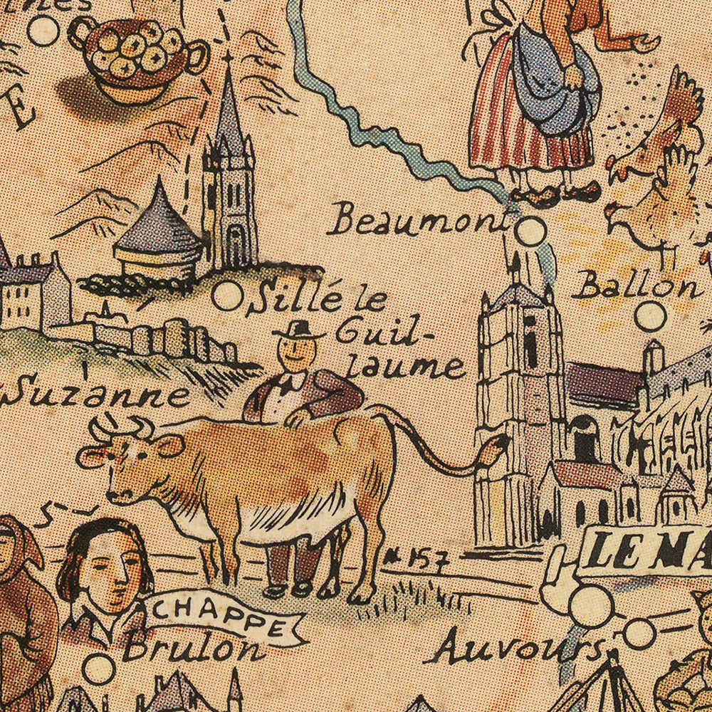 Old Pictorial Map of Maine, France by Liozu, 1951: Le Mans, Laval, Château-Gontier, La Flèche, Mayenne