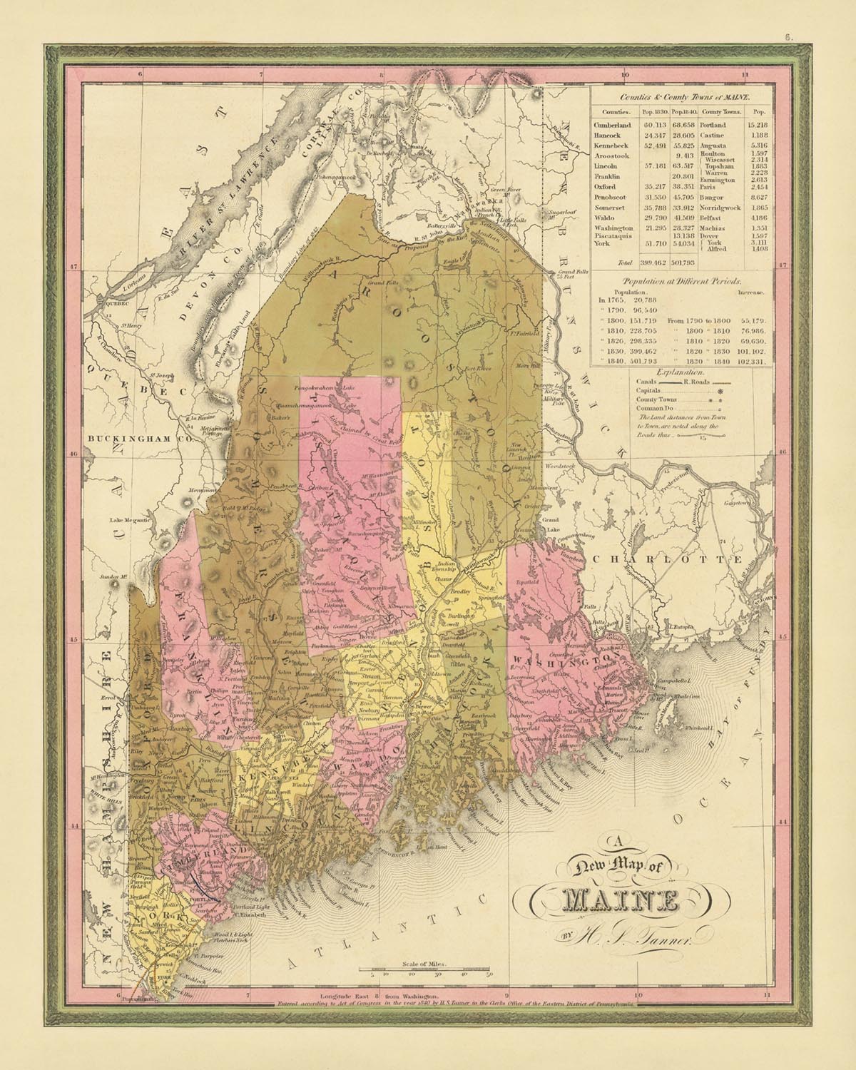 Mapa antiguo de Maine por HS Tanner, 1840: Portland, Augusta, Bangor y Mount Katahdin