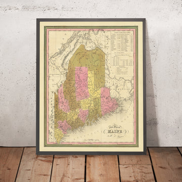 Mapa antiguo de Maine por HS Tanner, 1840: Portland, Augusta, Bangor y Mount Katahdin