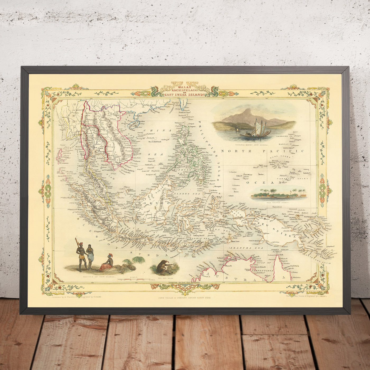 Alte Karte des malaiischen Archipels von Tallis & Rapkin, 1851: Borneo, Java, Sumatra, Philippinen, Neuguinea