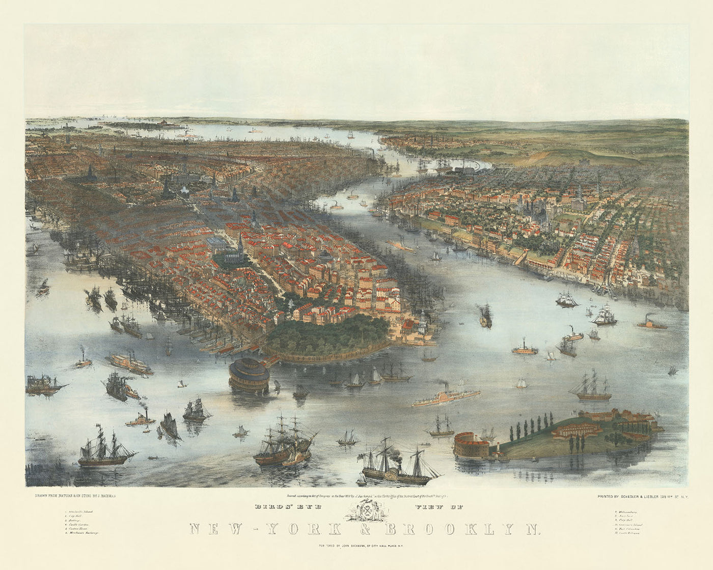 Ancienne carte Birdseye de New York et de Brooklyn par Bachmann, 1851 : Central Park, The Battery, Brooklyn, East River, Hudson River