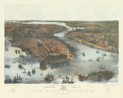 Old Birdseye Map of New York & Brooklyn by Bachmann, 1851: Central Park, The Battery, Brooklyn, East River, Hudson River