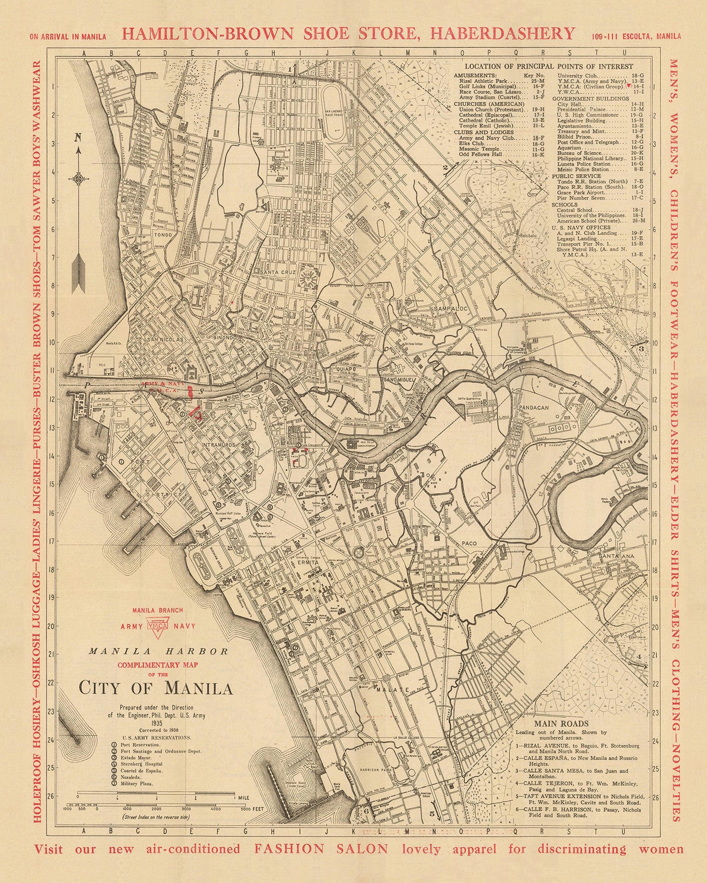 Old Map of Manila by YMCA & US Army, 1938: Intramuros, Ermita, Quiapo, San Miguel, Binondo, Pandacan