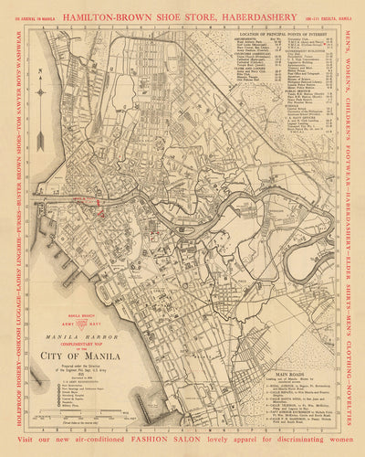 Alte Karte von Manila von YMCA & US Army, 1938: Intramuros, Ermita, Quiapo, San Miguel, Binondo, Pandacan