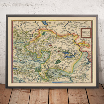 Old Map of Mansfeld District, Germany by Ortelius, 1575: Mansfeld-Südharz, Halle, Salsa River, Helm River