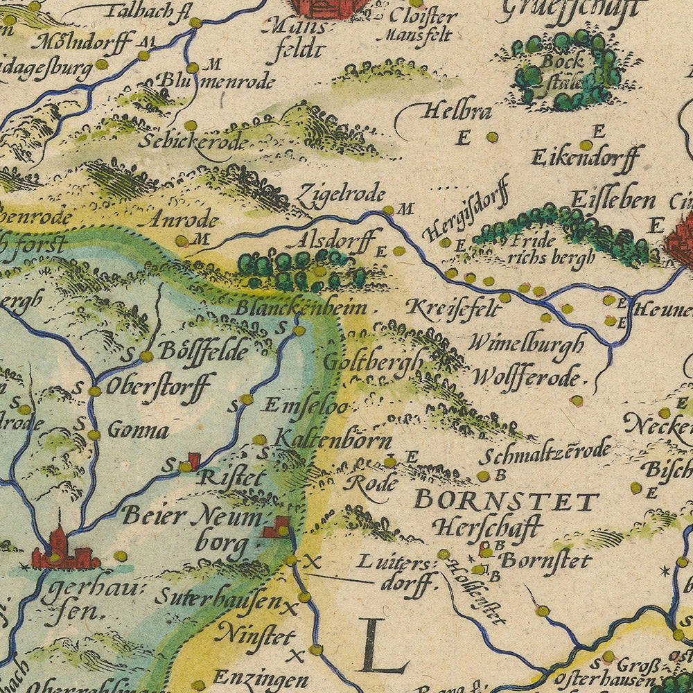 Alte Karte von Mansfeld von Ortelius, 1575: Mansfeld, Halle, Salsa, Helm, verzierte Kartuschen