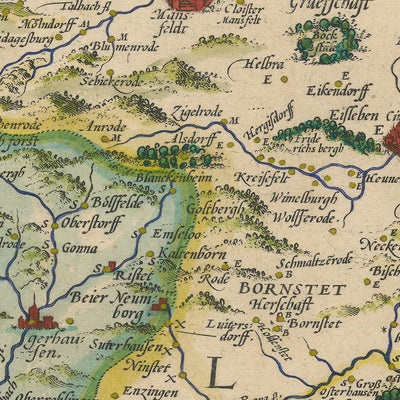 Alte Karte von Mansfeld von Ortelius, 1575: Mansfeld, Halle, Salsa, Helm, verzierte Kartuschen