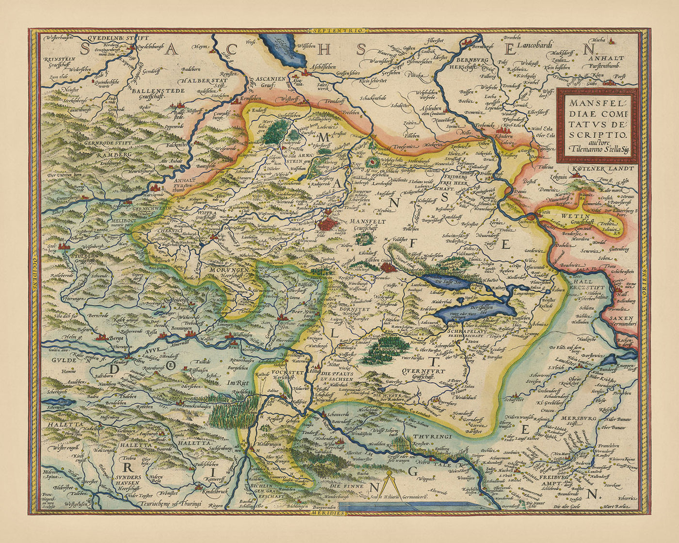 Carte ancienne de Mansfeld par Ortelius, 1575 : Mansfeld, Halle, rivière Salsa, rivière Helm, cartouches ornés