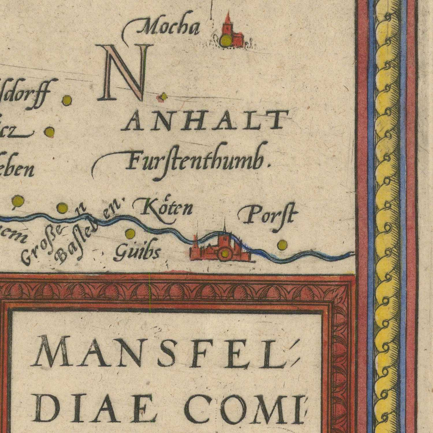 Alte Karte von Mansfeld von Ortelius, 1575: Mansfeld, Halle, Salsa, Helm, verzierte Kartuschen