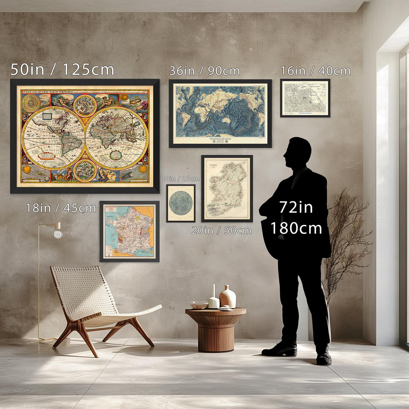 Different sizes of map wall art, on a wall, with a silhouetted man looking at the different sizes of map. Used to show relative sizes of maps.