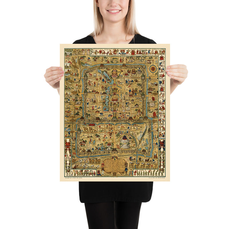 Mappa Pictoriale Antica di Pechino di Dorn, 1936: Città Proibita, Tempio del Cielo, Palazzo d&